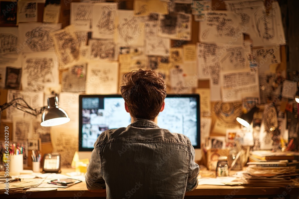 Poster man in glasses observing computer screens amidst creative project notes and sketches on wall in prof