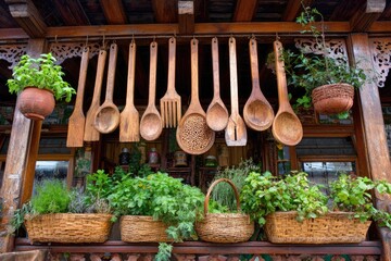 Wooden kitchen utensils hang from a rustic balcony.  Potted herbs and baskets add charm