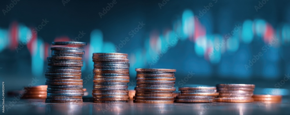 Poster stacks of coins are arranged in ascending order against a blurred background featuring a dynamic sto