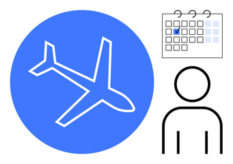 Airplane inside circle, calendar with marked date, and user outline highlight personal travel organization. Ideal for travel, booking, holidays, schedules, planning personal management trips. Flat