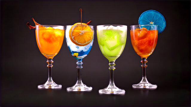 Four Vibrant Cocktails:  Citrus, Blue, Green, and Orange in Elegant Stemware, Dark Background.