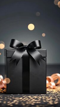 A beautifully wrapped gift box stands out against a dark backdrop, decorated with a black ribbon and golden confetti scattered around