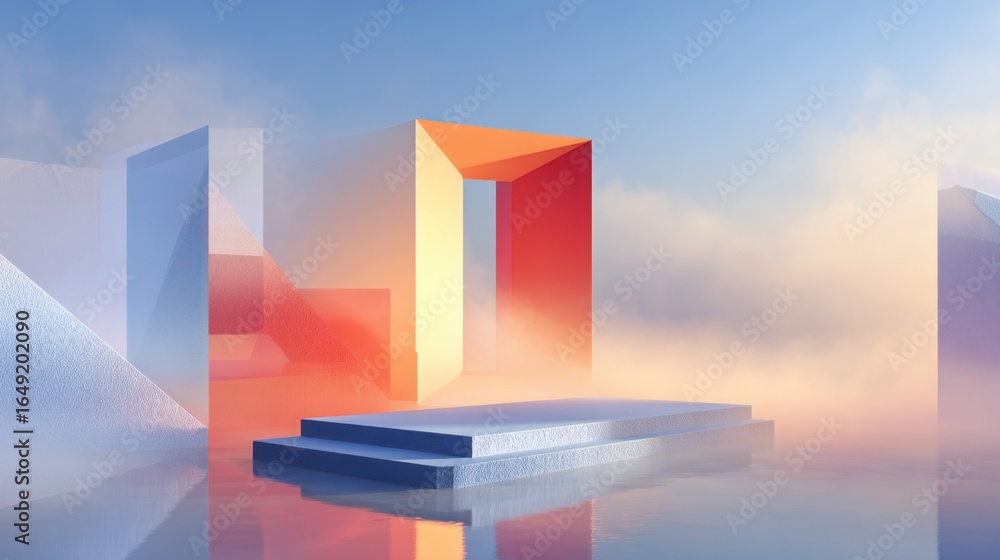 Poster abstract architectural composition showcasing vibrant colors and geometric shapes, creating a visual
