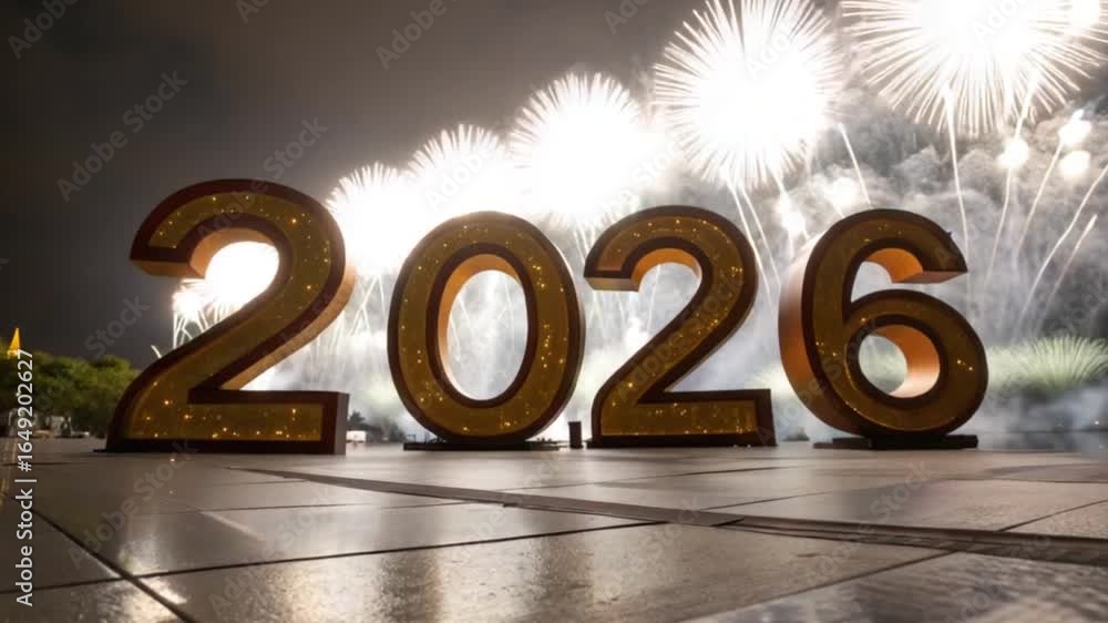 Poster golden 2026 numbers illuminated with sparkling lights against a backdrop of bright white fireworks e