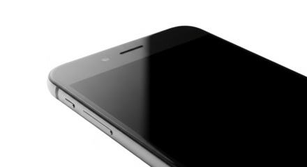Close-up view of a smartphone's corner, featuring a black screen, speaker grill, and volume buttons against a white background.