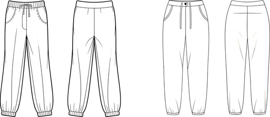 Technical flat sketch vector set of women's jogger pants and high-waist trousers for fashion design, garment production, and tech pack templates.