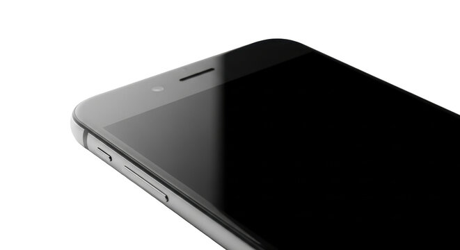 Close-up view of a smartphone's corner, featuring a black screen, speaker grill, and volume buttons against a white background.