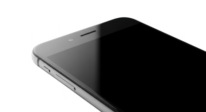 Close-up view of a smartphone's corner, featuring a black screen, speaker grill, and volume buttons against a white background.