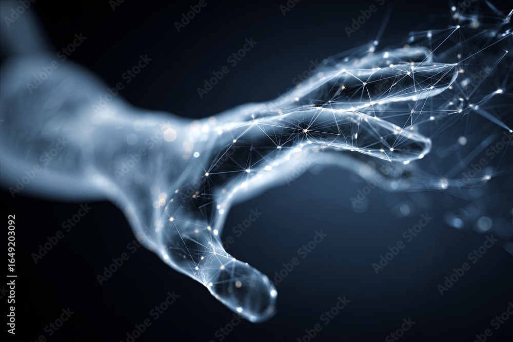 Aufkleber futuristic hand interacting with digital network, abstract connection, technology and data visualiza