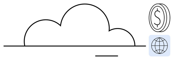 Cloud-shaped outline with globe and dollar coin represents cloud computing, global networking, and financial growth. Ideal for technology, data storage, economy, innovation, Internet solutions