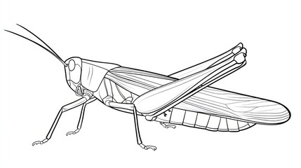 Line art depiction of a grasshopper, facing left, with detailed body features