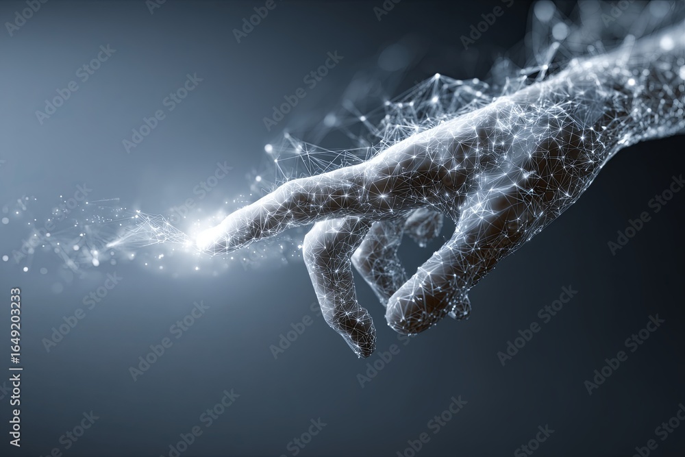Aufkleber futuristic hand interacting with digital network, abstract connection, technology and data visualiza