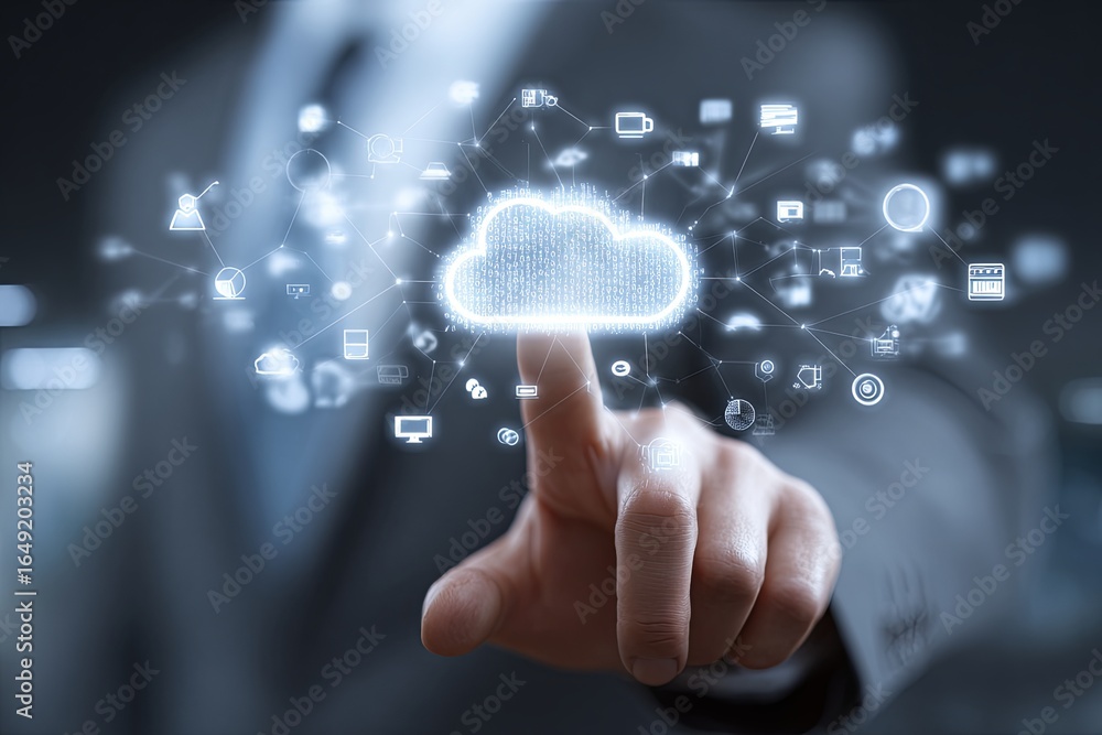 Poster businessman touching digital cloud technology interface with icons and data connections in modern wo