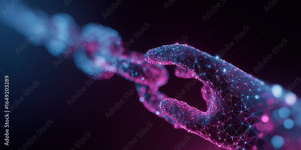 Poster digital hand touching glowing blockchain chain in cyberspace