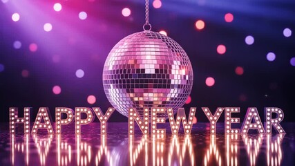 Glittering disco ball casts vibrant light over glowing 'Happy New Year' message, perfect for festive celebrations and creating a dynamic party atmosphere to welcome the new year