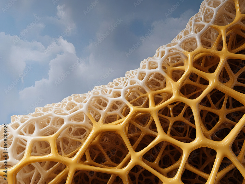 Poster close up of intricate, honeycomb like abstract structure with golden and white tones against cloudy 
