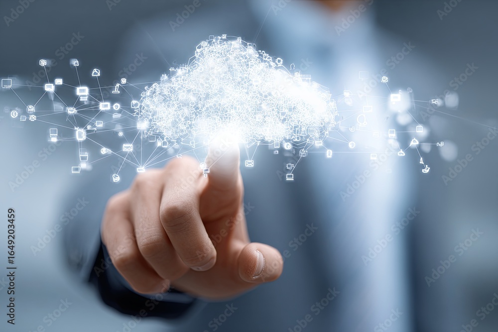 Poster businessman touching digital cloud technology interface with icons and data connections in modern wo