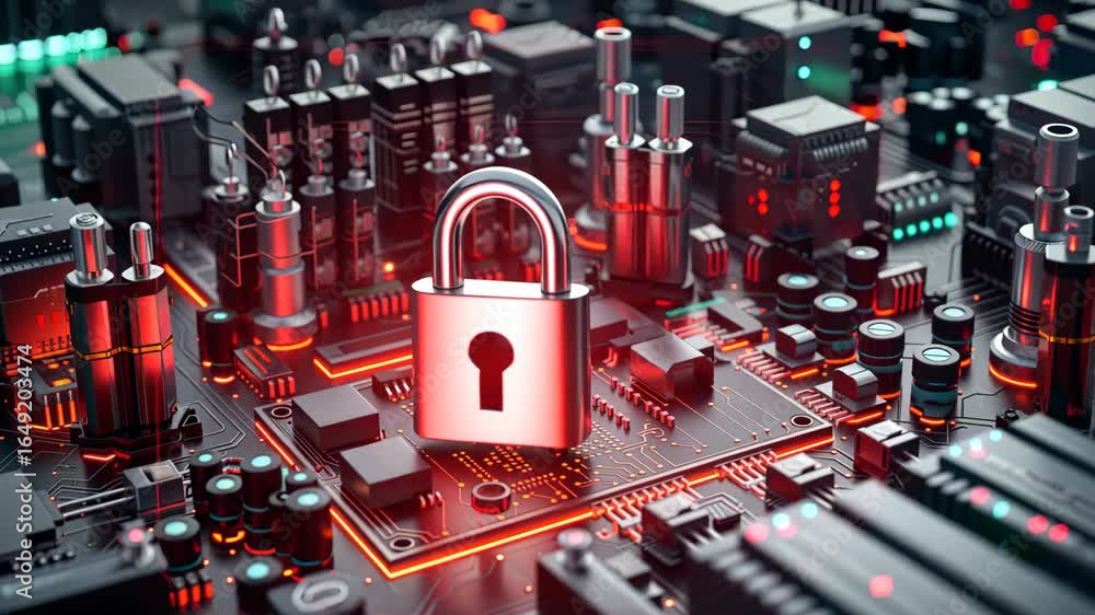 Aufkleber diving into the world of cybersecurity, showcasing detailed circuit patterns and a prominent lock re