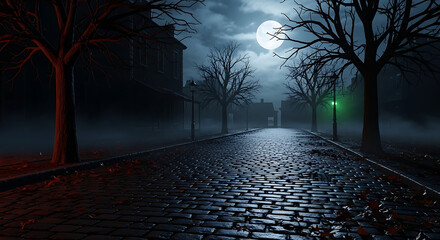 A cobblestone street at night with a full moon and bare trees creating a spooky and eerie atmosphere