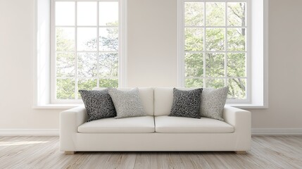 Fototapeta premium Beige sofas, pillows and cushions in light gray and white patterns rest against the walls of an empty room, without other furniture or decorations, providing space for text or product implantation.