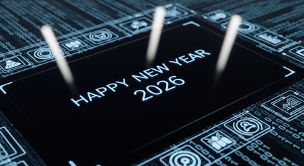 2026 New Year graphic on dark, futuristic digital display with bright highlights