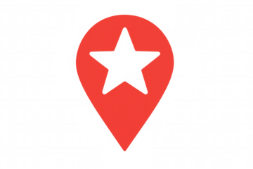 Red location pin icon with star cut out on a transparent background, ideal for travel and navigation concepts