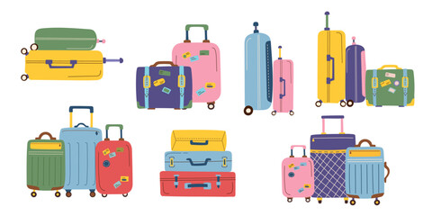 Set of travel suitcases isolated on white background. Concept of family travel, vacation, business trip. Vector  cliparts in a flat style.