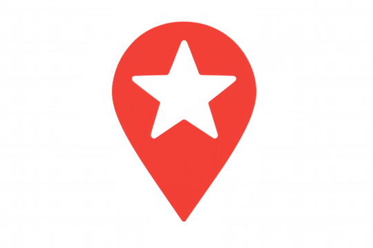 Red location pin icon with star cut out on a transparent background, ideal for travel and navigation concepts