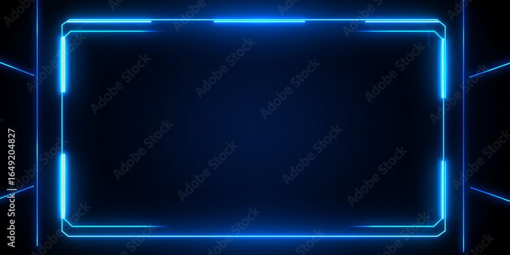 Poster blue glowing neon rectangular frame with futuristic abstract background
