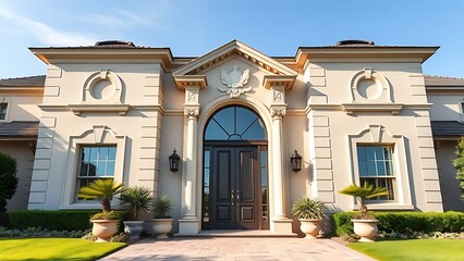 Obraz premium A grand residential doorway with architectural details stands symmetrically against a clear sky with potted plants.