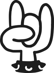 Playful cartoon hand making the rock and roll gesture, bold black outline style with spiked wristband, isolated PNG with transparent background, perfect for music-themed designs, band logos, stickers
