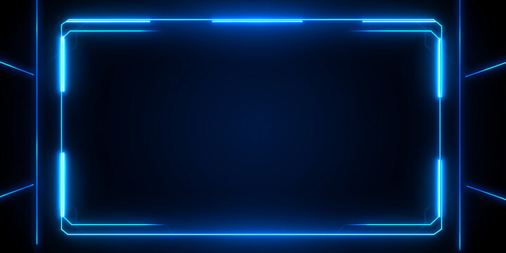 Blue glowing neon rectangular frame with futuristic abstract background
