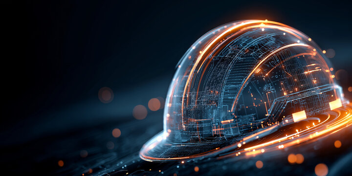 Futuristic safety helmet glowing with orange digital light technology
