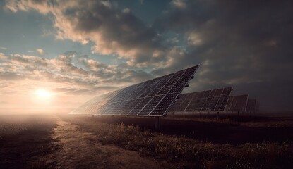 Solar panels in a field at sunrise. Rows of dark solar panels stand in a field at dawn. Sunrise peeks through clouds. A path leads to the panels