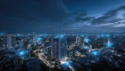 Aerial view of a city at night, with a network of lines connecting buildings