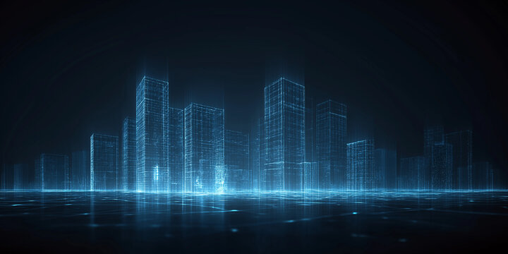 Blue glowing wireframe city skyline with futuristic digital architecture
