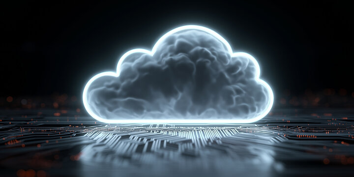 White glowing cloud symbol on futuristic digital circuit background
