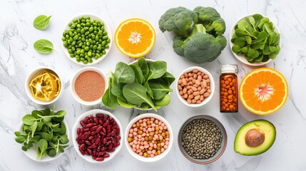 Top view flat lay of folic acid rich foods: dark leafy greens, avocados, beans, fortified cereals, citrus fruits, supplement bottle in center, arranged on white marble surface
