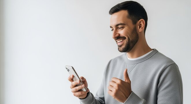 Smiling man using smartphone with thumbs up gesture, showcasing positive communication and mobile technology on a plain background