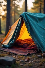 Cozy camping scene featuring a thick, warm blanket draped over a tent, creating a sheltered, inviting space Perfect for outdoor adventures and relaxation , tent, fabric, top view