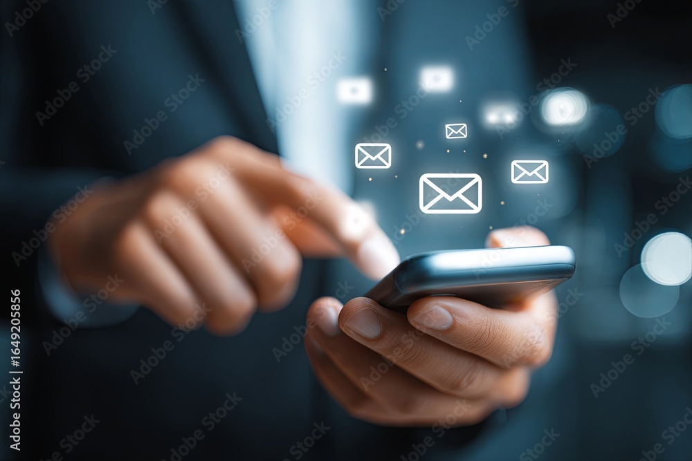 Poster person using smartphone with digital communication icons representing messages and connections in a 