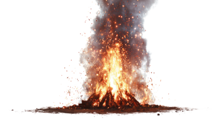 Fire erupting with sparks and smoke against a transparent background, creating a dramatic visual impact for design purposes.