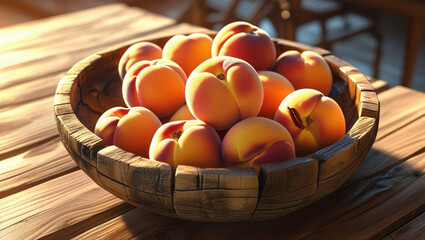 Juicy sun-kissed peaches overflow from a rustic wooden bowl, promising sweet summer flavor and natural goodness
