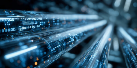 Close-up futuristic glowing fiber optic cables with numbers and data flow
