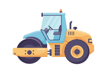 Cartoon Road Roller with Blue Cab and Yellow Body Illustration.