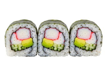 Three meticulously sliced California roll pieces showcasing vibrant crab, avocado, cucumber, and glossy rice, isolated on a pristine transparent background. Concept for gourmet food presentation