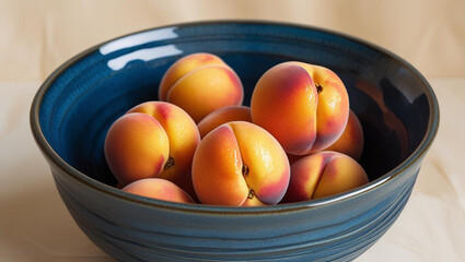 Ripe, juicy apricots artfully arranged in a deep blue ceramic bowl, showcasing vibrant colors and fresh textures perfect for healthy eating concepts