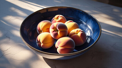 Vibrant ripe peaches artfully arranged in a deep blue ceramic bowl bathed in warm dappled sunlight, evoking freshness and summer bounty