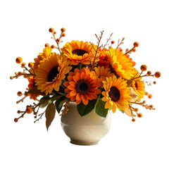 Obraz premium Vibrant bouquet of sunflowers in a white vase against a black background