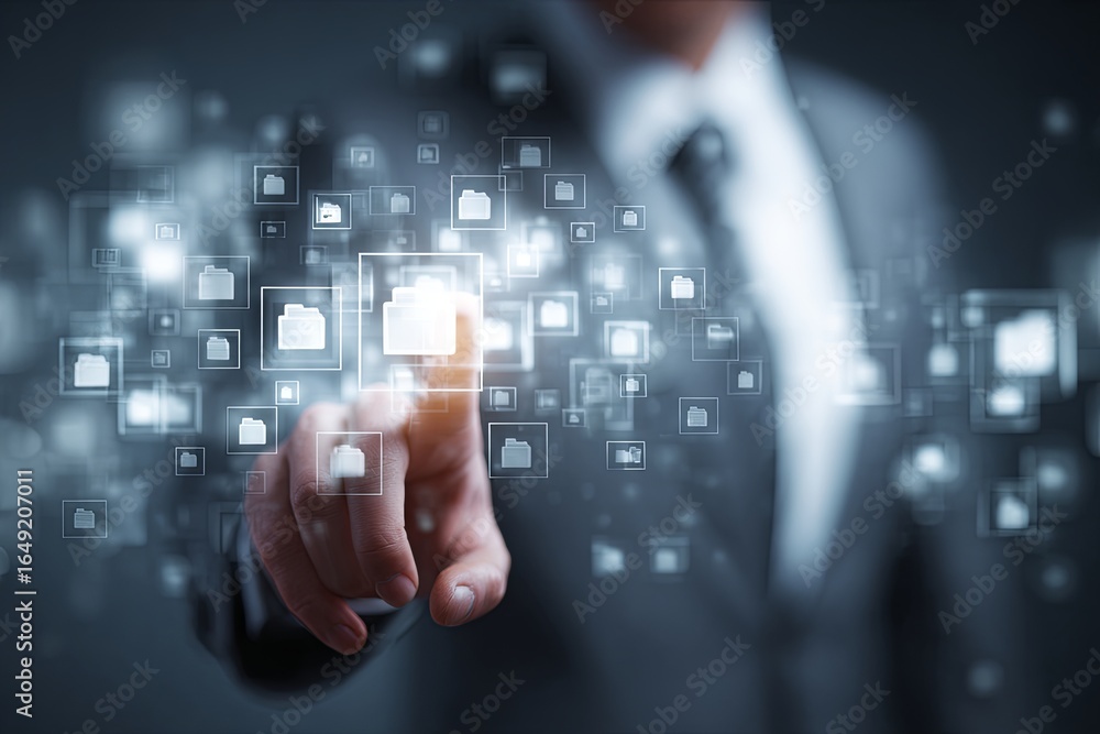 Fototapete man in suit interacting with digital file icons in modern business environment for data management c